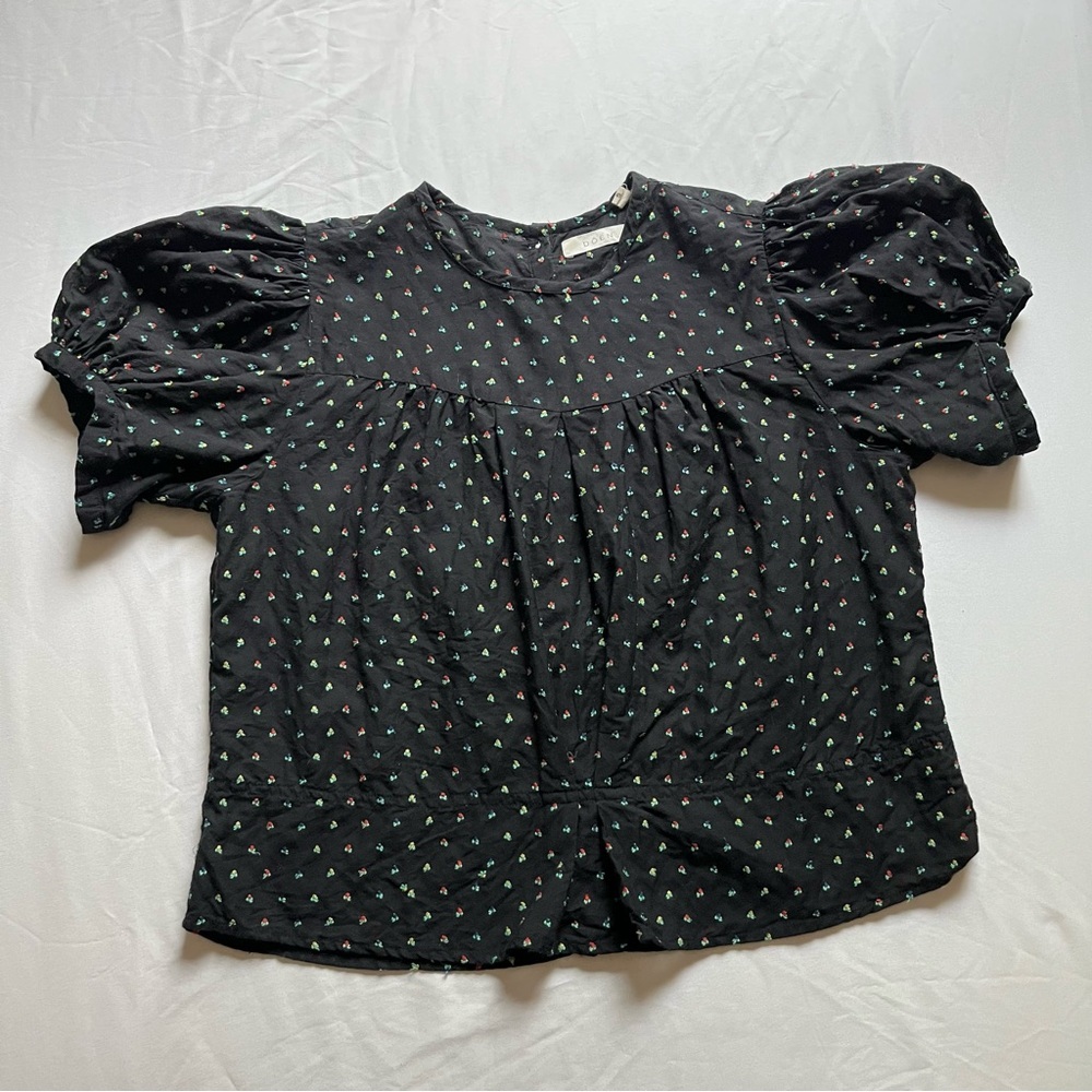 DOEN black semi sheer floral embroidery short puff sleeve button up back blouse